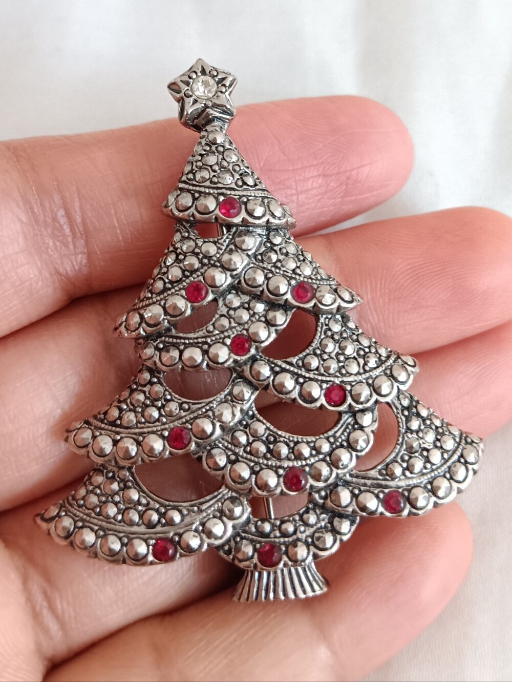 Silver Christmas Tree Brooch with Red Accents